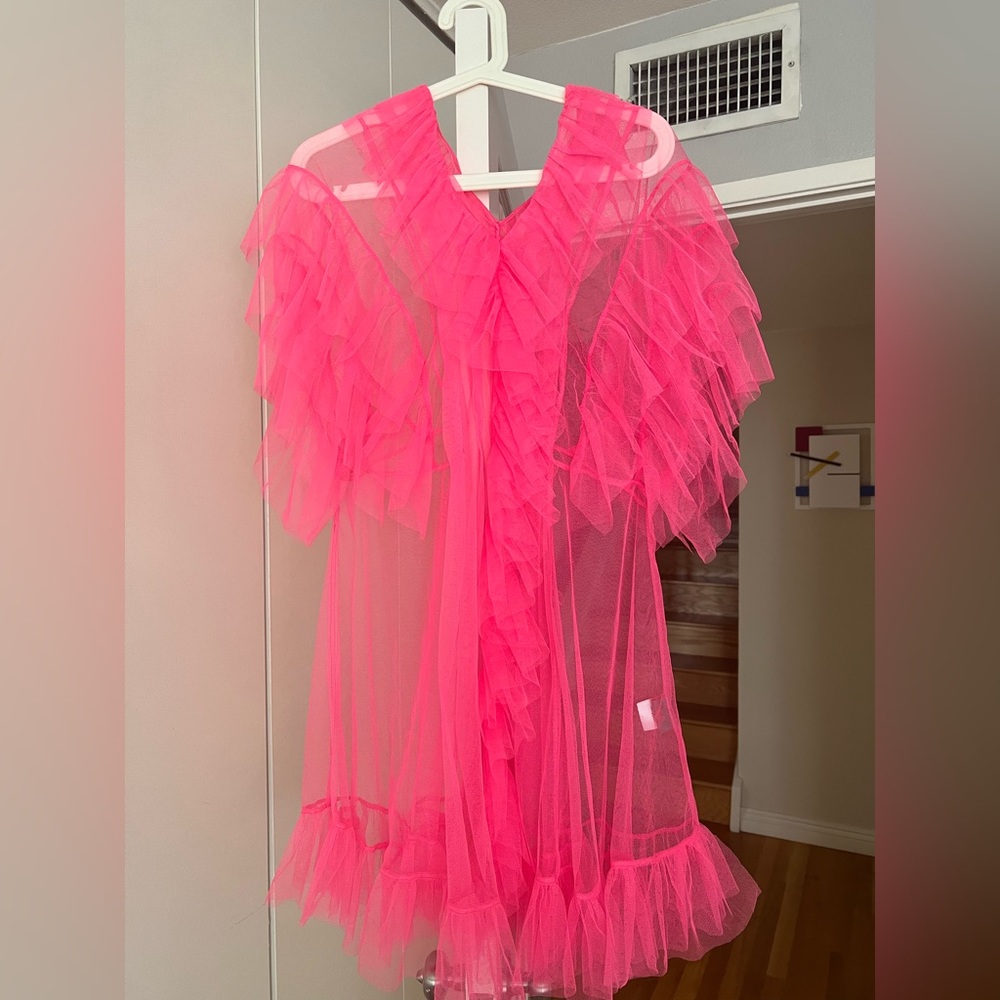 By Noumi Neon Pink Tulle Ruffle Dress Cover Up